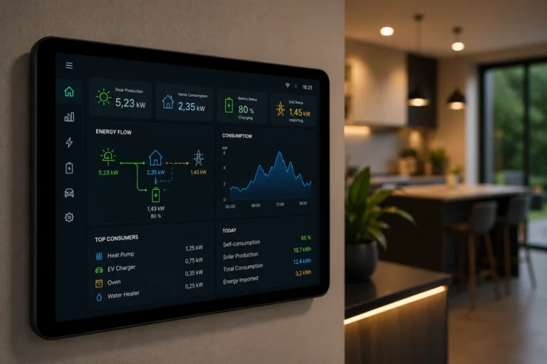 Energiemanagement systeem met realtime dashboard voor inzicht in zonneproductie, thuisbatterij en actueel energieverbruik.