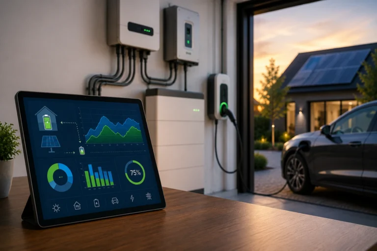 Slim energiemanagement systeem met zonnepanelen, thuisbatterij en laadpaal voor efficiënt energiegebruik.
