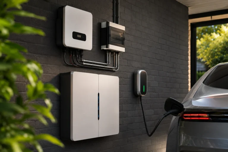 Slim energiesysteem met thuisbatterij, omvormer en laadpaal voor het opladen van een elektrische auto.