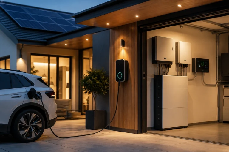 Modern woonhuis met zonnepanelen, thuisbatterij, energiemanagement systeem en een elektrische auto die wordt opgeladen voor slim en efficiënt energiebeheer.