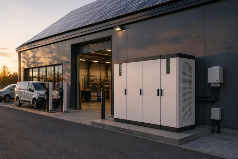 Zakelijke batterijopslag bij een bedrijfspand met zonnepanelen en laadpalen voor slim energiebeheer.