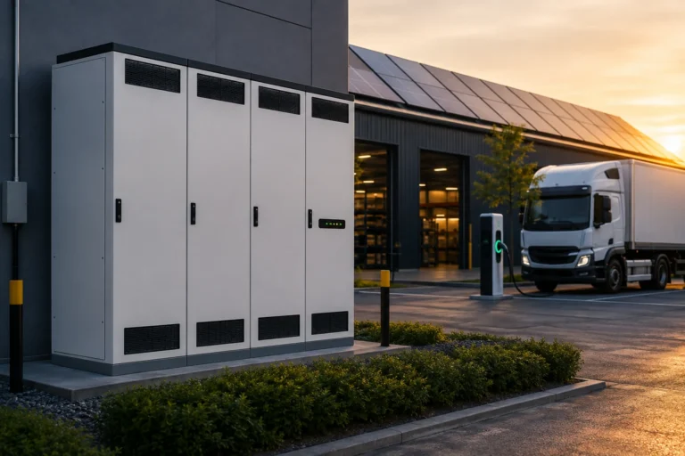 Zakelijke batterijopslag bij een bedrijfspand met zonnepanelen en laadpunt voor een elektrisch bedrijfsvoertuig.