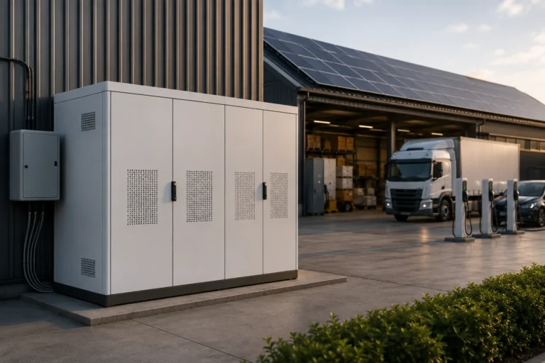 Zakelijke batterijopslag bij een bedrijfspand met zonnepanelen, laadpalen en elektrische voertuigen.