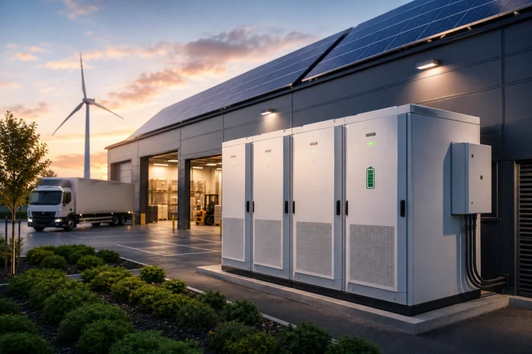Modern bedrijfsgebouw met zonnepanelen, grootschalige batterijopslag en duurzame energievoorziening voor slim energiebeheer en energieopslag voor bedrijven.