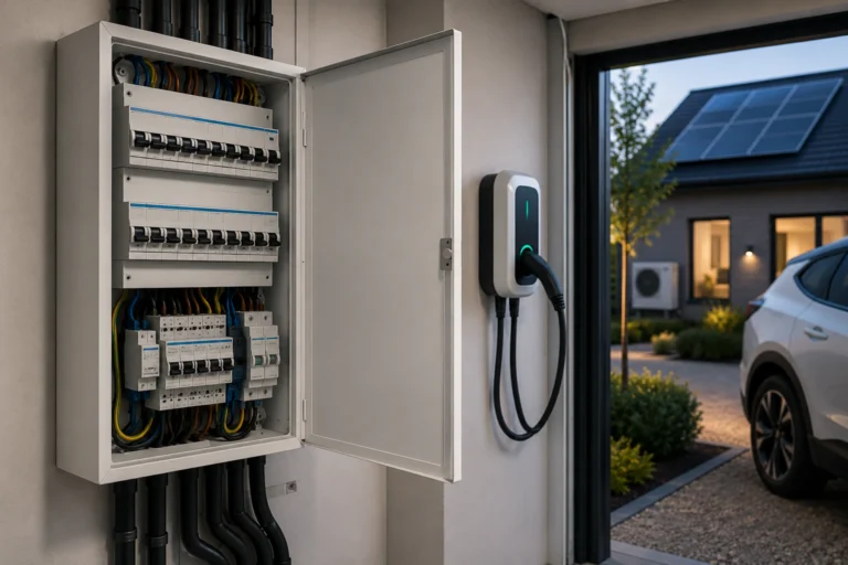 Moderne groepenkast met laadpaal, elektrische auto en zonnepanelen voor een toekomstbestendige woning.
