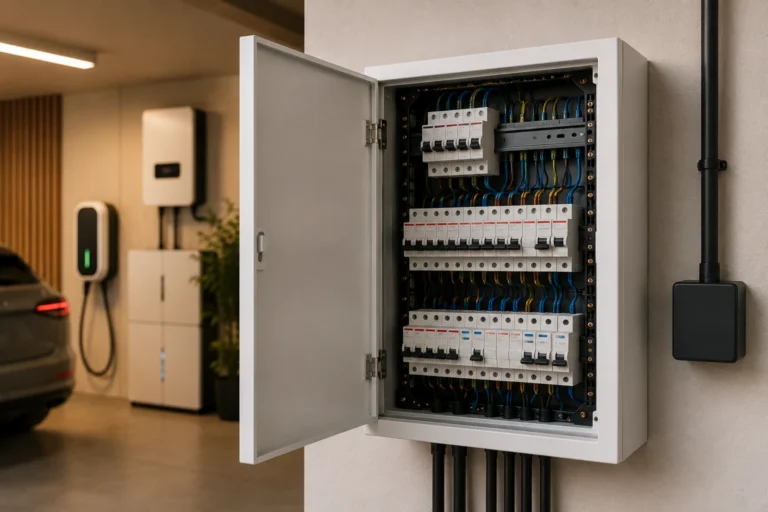 Moderne groepenkast met duidelijke beveiligingen naast een laadpaal en thuisbatterij in een woning.