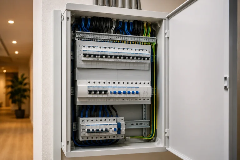Moderne groepenkast met aardlekschakelaars en installatieautomaten voor een veilige en toekomstbestendige elektrische installatie.