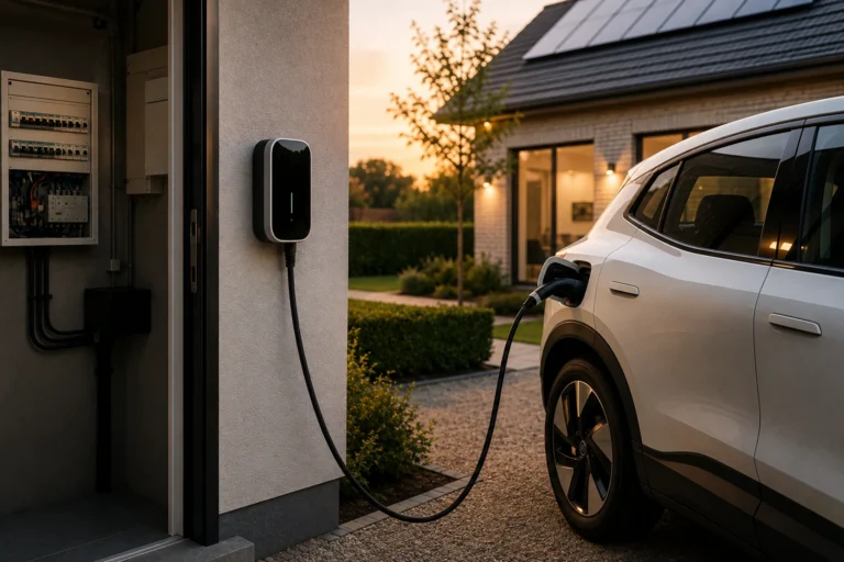 Elektrische auto wordt thuis opgeladen via een moderne laadpaal naast een woning met zonnepanelen.