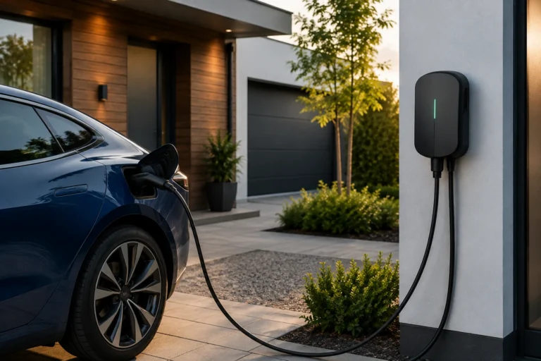 Elektrische auto wordt thuis opgeladen via een moderne laadpaal aan de gevel van een woning.