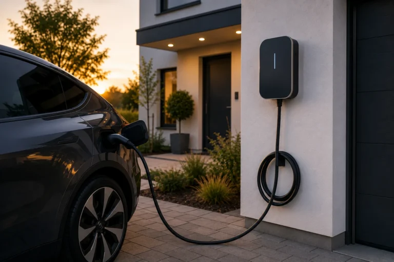 Elektrische auto bij een moderne woning die wordt opgeladen via een vaste laadpaal.