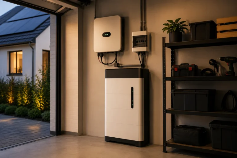 Moderne thuisbatterij met omvormer in een garage, gekoppeld aan zonnepanelen voor slimme opslag van zelf opgewekte energie.