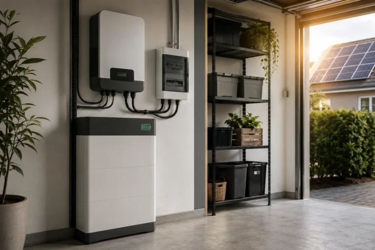Thuisbatterij met omvormer en groepenkast in een nette garage, gekoppeld aan zonnepanelen voor slimme energieopslag.