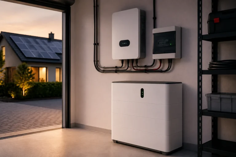 Moderne thuisbatterij met omvormer naast een woning met zonnepanelen voor het opslaan van zelf opgewekte energie.