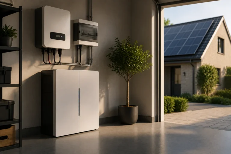 Moderne thuisbatterij met omvormer en groepenkast bij een woning met zonnepanelen voor slimme energieopslag.