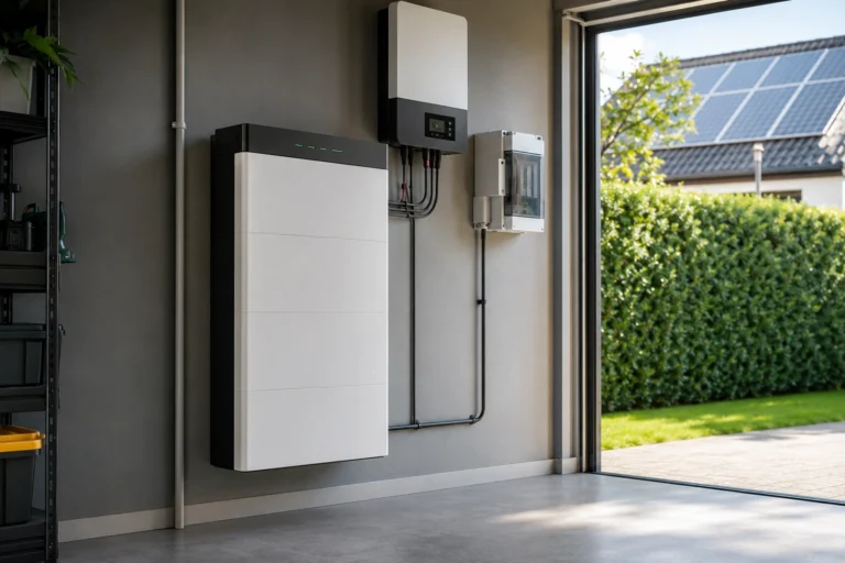 Moderne thuisbatterij met omvormer in een nette garage, gekoppeld aan zonnepanelen voor efficiënte energieopslag in een woning.
