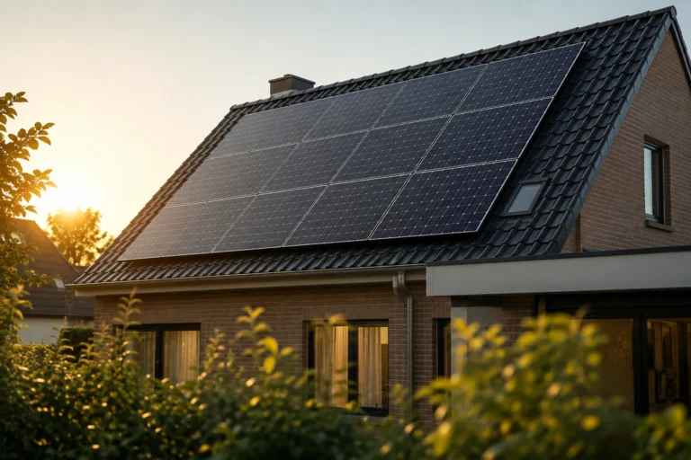 Moderne woning met zonnepanelen op een schuin pannendak voor duurzame opwekking van eigen elektriciteit.