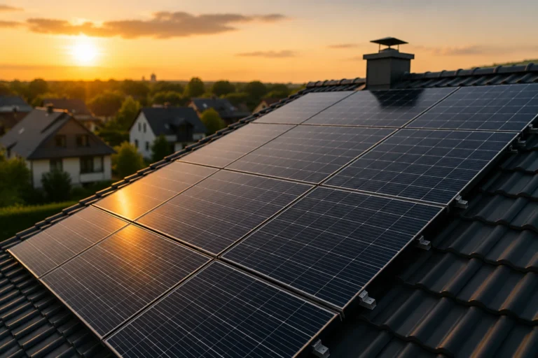 Zonnepanelen op een schuin dak bij zonsondergang als duurzame investering voor langdurige energieopwekking.