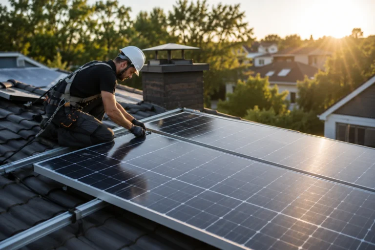 Monteur installeert zonnepanelen op een schuin pannendak met professioneel montagesysteem en veilige bevestiging.