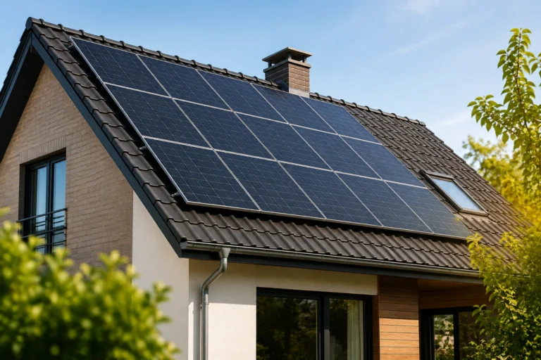 Moderne woning met zonnepanelen op een schuin dak voor het opwekken van duurzame elektriciteit.