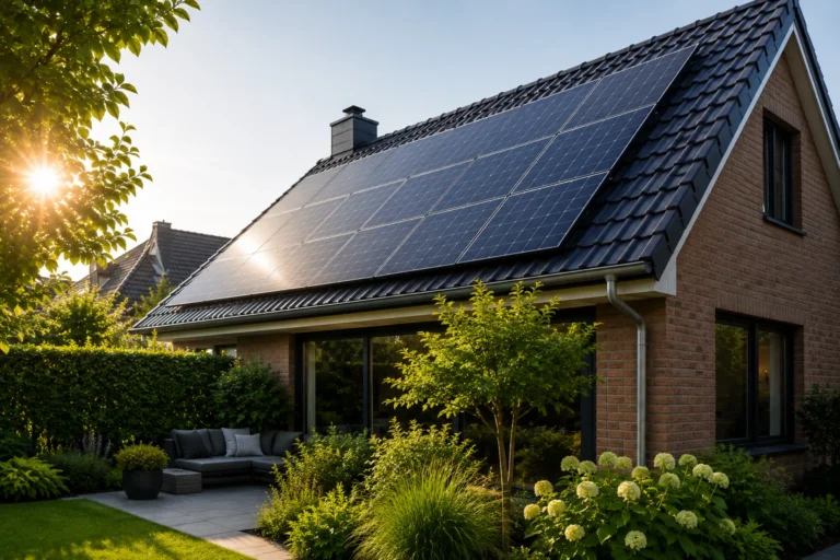 Moderne woning met zonnepanelen op een schuin dak, omringd door een verzorgde tuin, als voorbeeld van een professionele installatie voor duurzame energie.